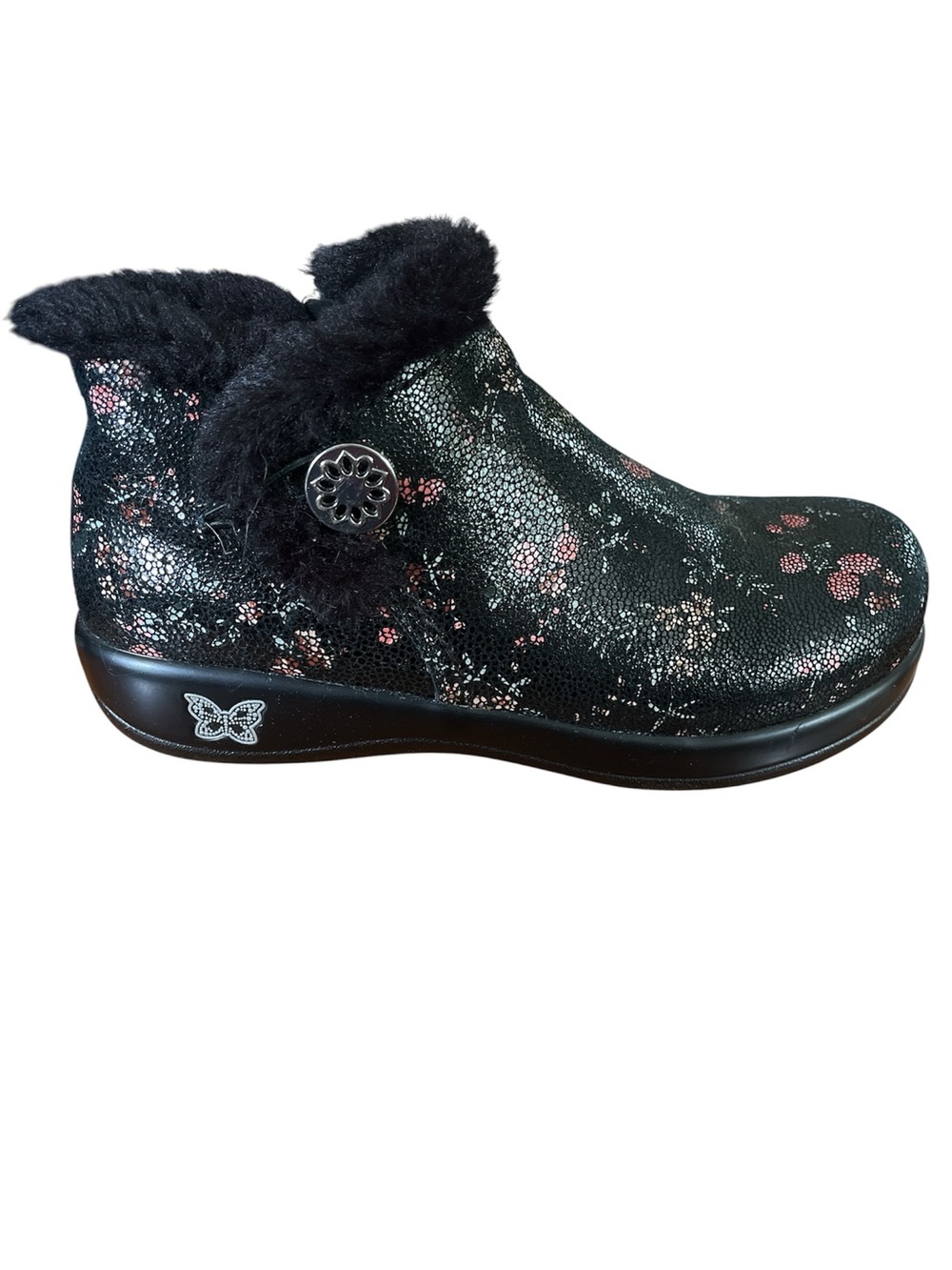 Alegria Black Meri Metallic Pink Floral Faux-Fur Cuff Ankle Boot Size 8